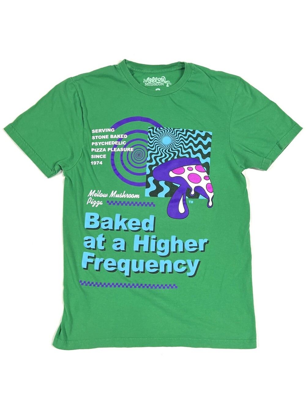 Mellow Mushroom T Shirt Sz S Baked High Frequency Psychedelic Stoner Green Pizza